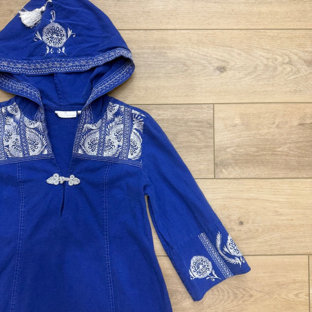 Soft Surroundings Blue Embroidered Hooded Beach Maxi Dress Small Linen Blend - Picture 3 of 14